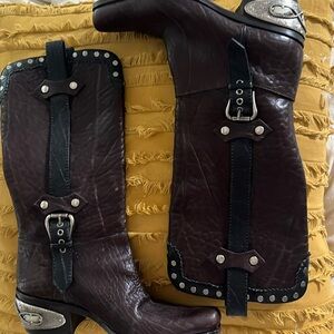 Giuseppe Zanotti Dark Brown and Black Leather Cowboy Western Boots Embellished…